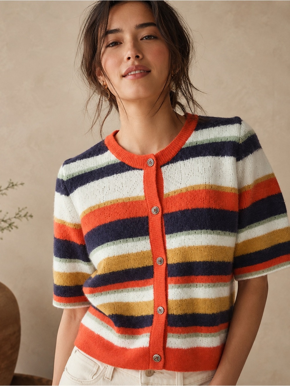 Anthropologie Banjanan 73% Alpaca Striped Cardigan Sweater XL Colorful Knit